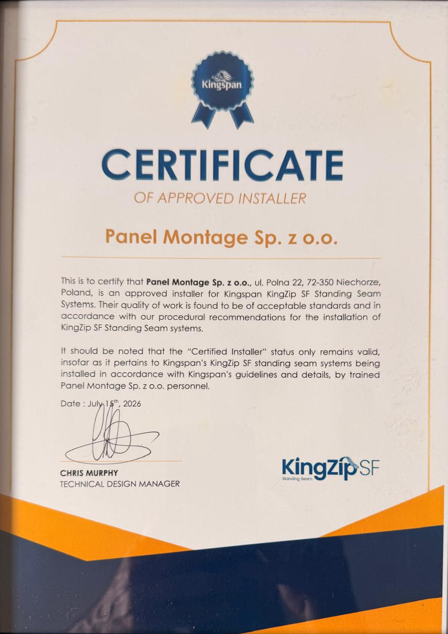 Certyfikat Approved Installer Kingspan KingZip SF dla Panel Montage, 15 lipca 2026 r.